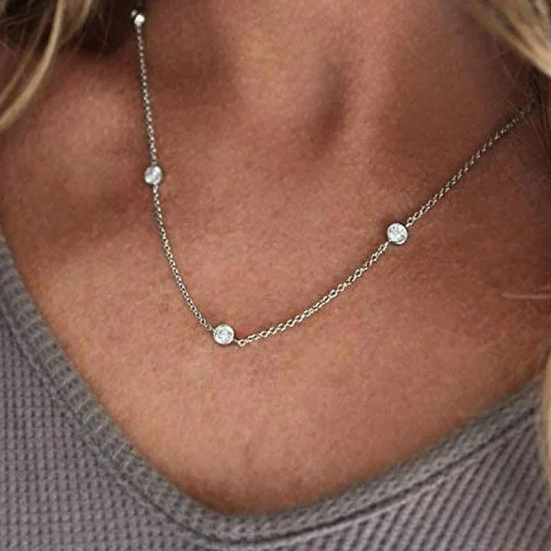 Rolo Chain Rhodium Plated Sterling Silver Moissanite Droplet Station NeckLace - Image 3