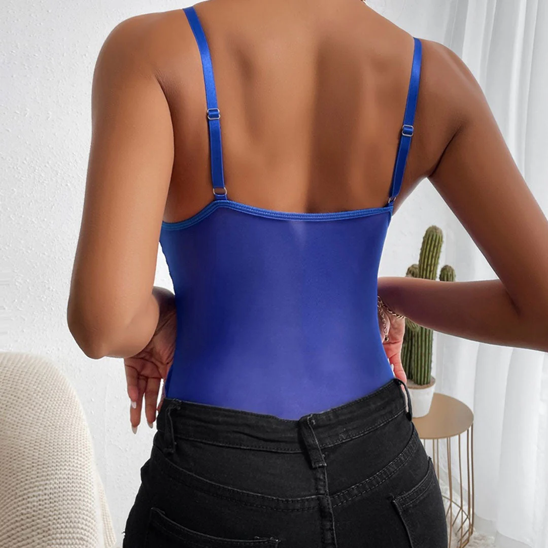 Romantic Bustier Floral Lace Sheer Mesh Cami Cheeky Bodysuit - Blue - Image 3