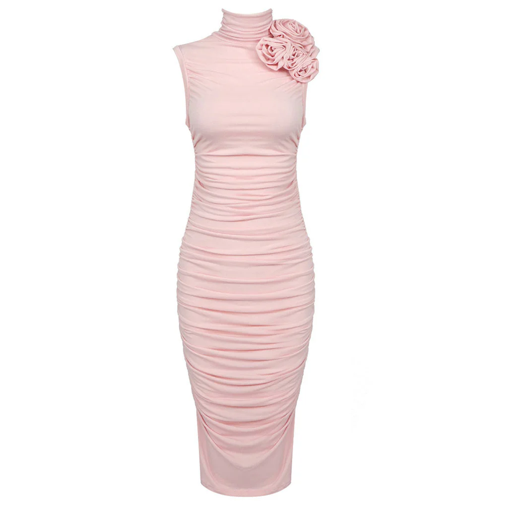 Romantic Floral Corsage Ruched High Neck Sleeveless Bodycon Midi Cocktail Dress - Image 3