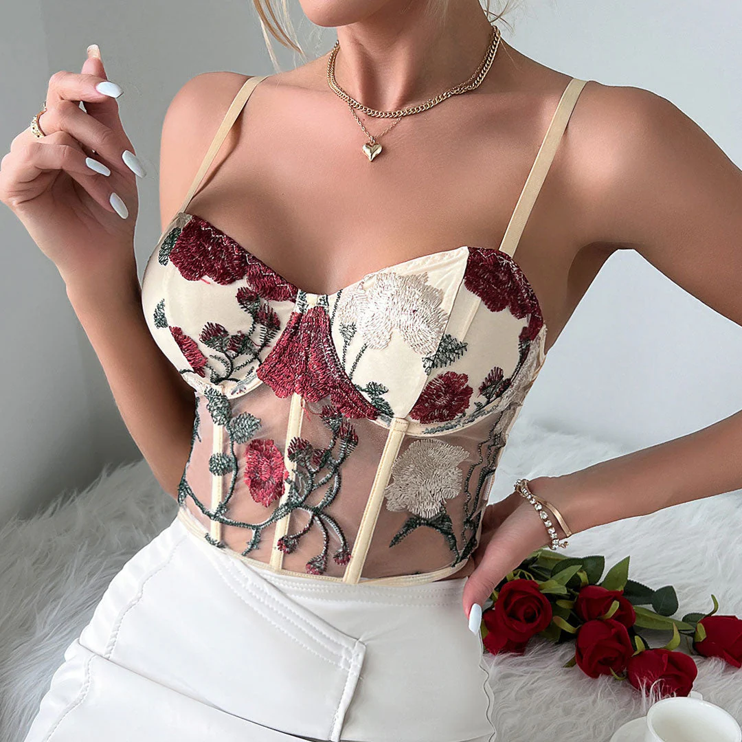 Romantic Floral Embroidered Sheer Mesh Cropped Corset Top - Apricot - Image 2