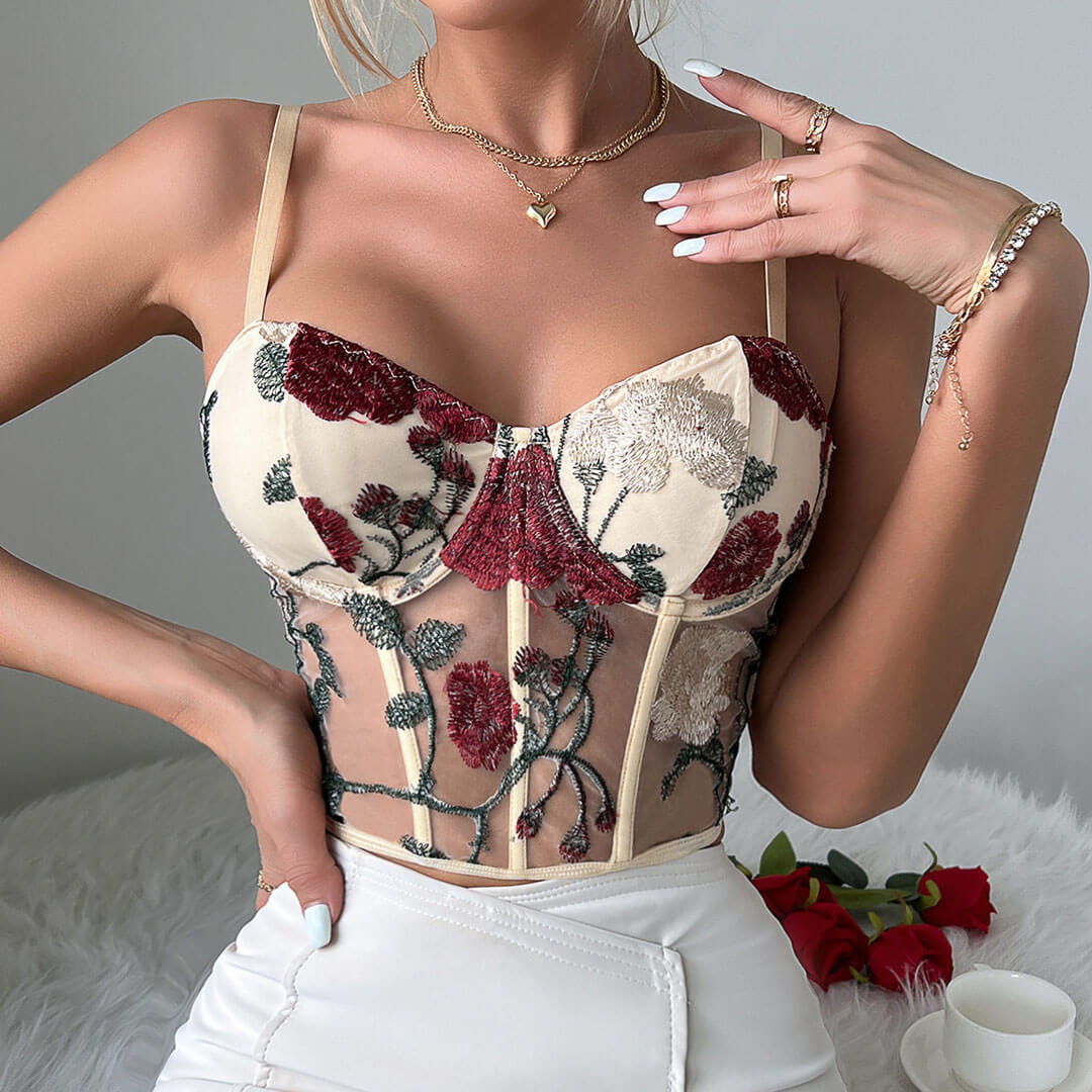 Romantic Floral Embroidered Sheer Mesh Cropped Corset Top - Apricot - Image 3
