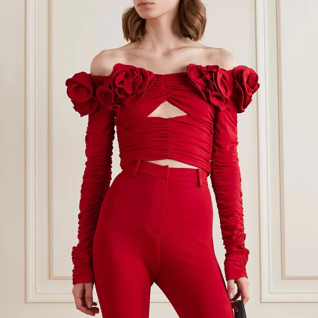 Romantic Floral Rosette Off The Shoulder Cut Out Ruched Crop Top - Red - Image 2