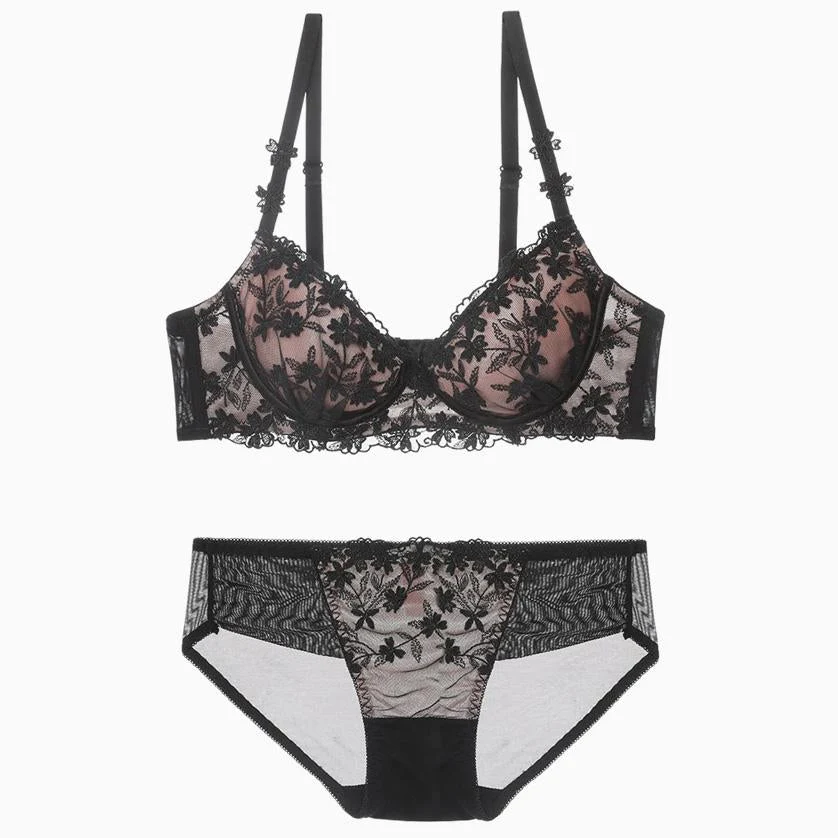 Romantic Intricate Floral Embroidered Underwired Lace Bra Set - Black - Image 2