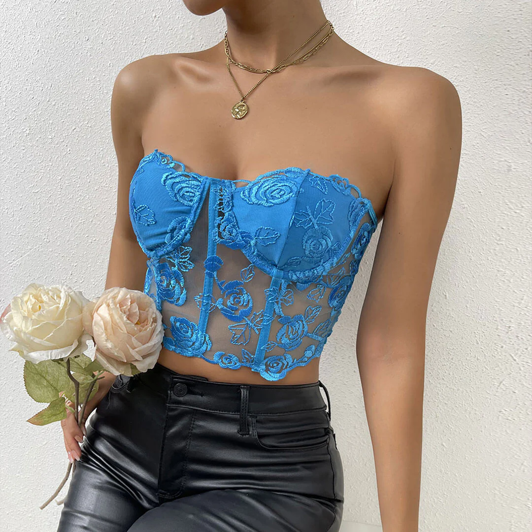 Romantic Rose Embroidered Sheer Tulle Crop Corset Tube Top - Blue - Image 2