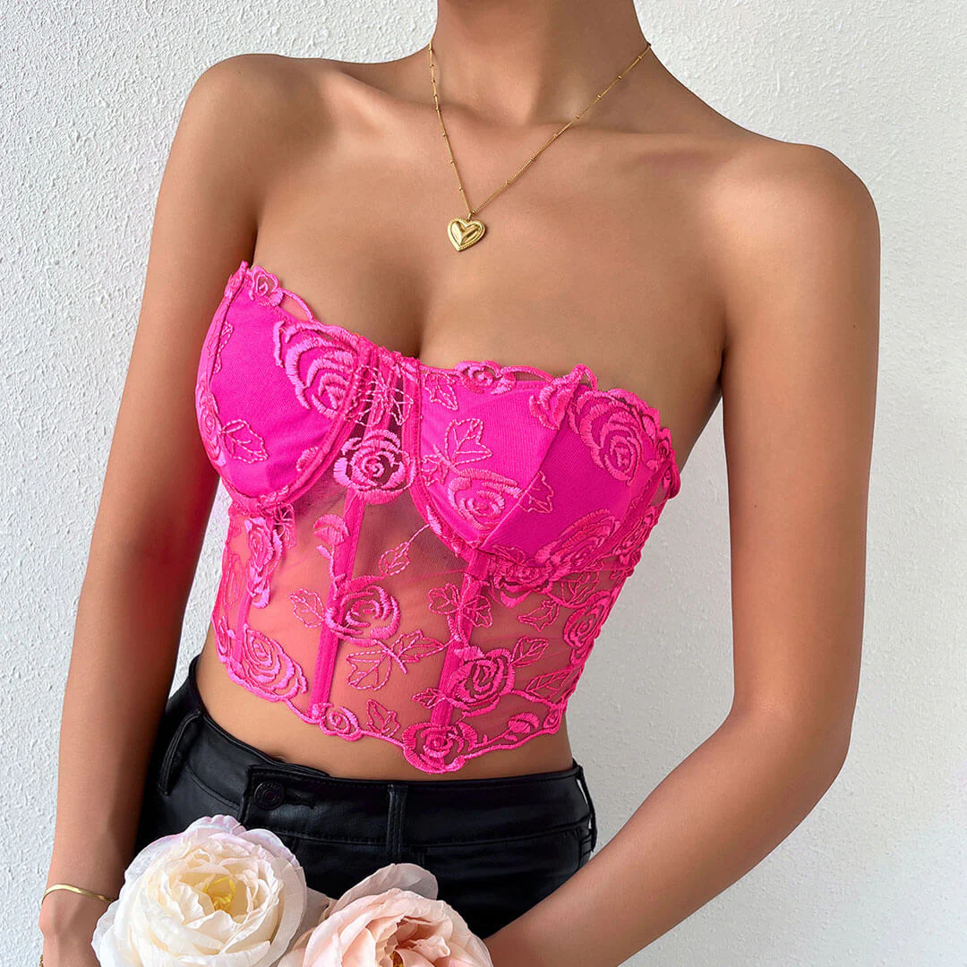Romantic Rose Embroidered Sheer Tulle Crop Corset Tube Top - Rose - Image 2