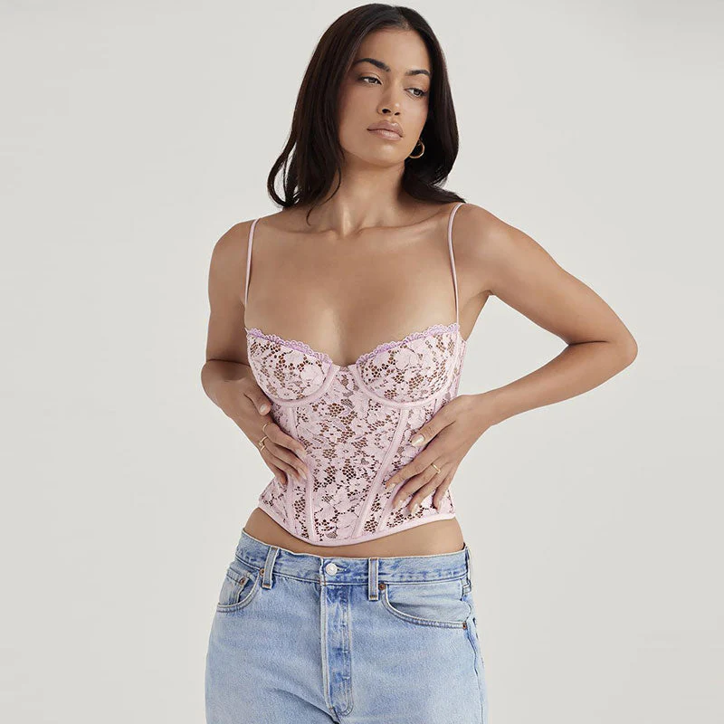 Romantic Sweetheart Spaghetti Strap Floral Lace Corset Crop Top - Pink - Image 3