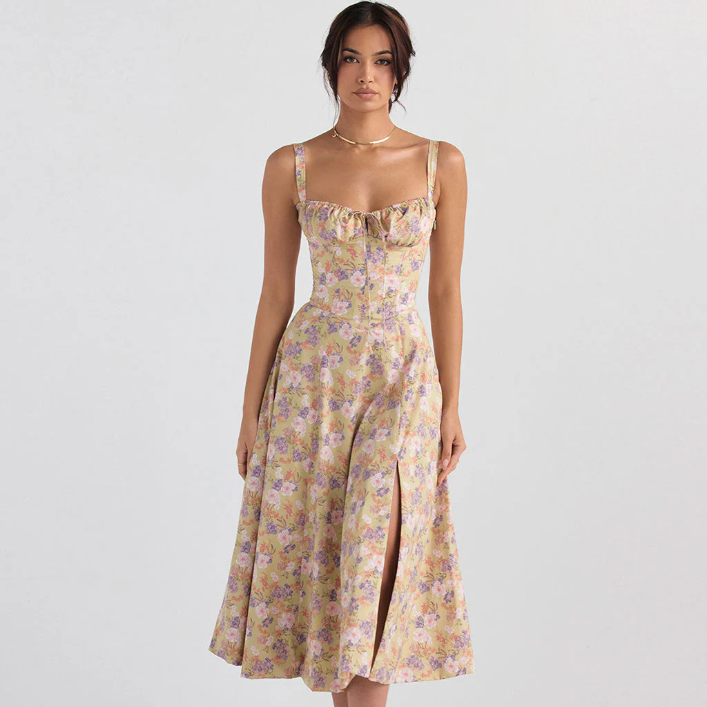 Romantic Tie Front Lace Up Suspender Strap Ruched Bustier Midi SunDress - Image 3