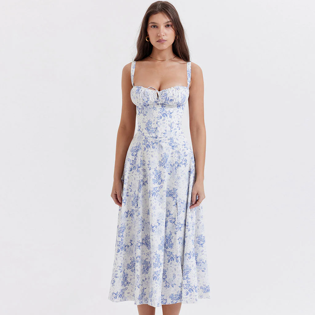 Romantic Tie Front Lace Up Suspender Strap Ruched Bustier Midi SunDress - Image 4