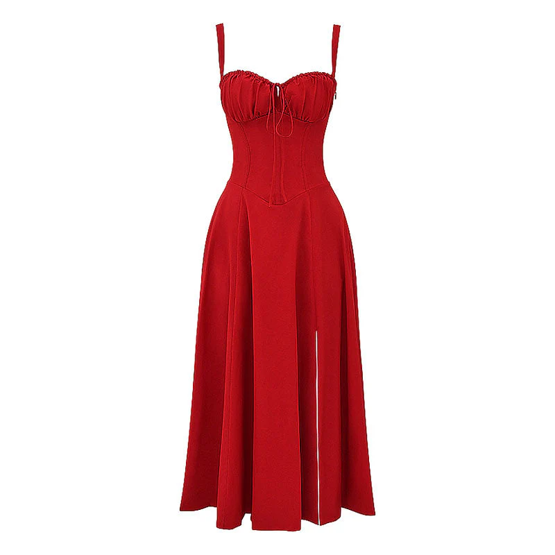 Romantic Tie Front Lace Up Suspender Strap Ruched Bustier Midi SunDress - Image 8
