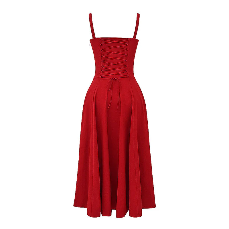 Romantic Tie Front Lace Up Suspender Strap Ruched Bustier Midi SunDress - Image 9