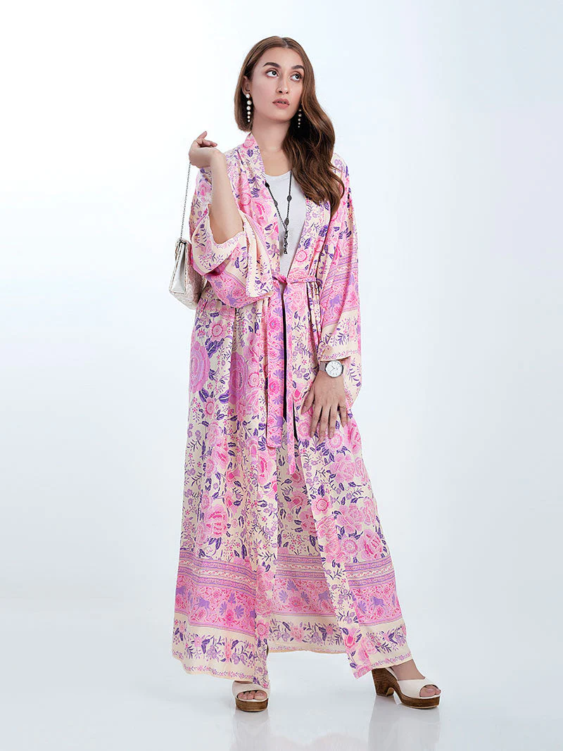 Partywear & Beachwear Floral Print Pink Color Cotton Long Length Gown Kimono Duster Robe - Image 3