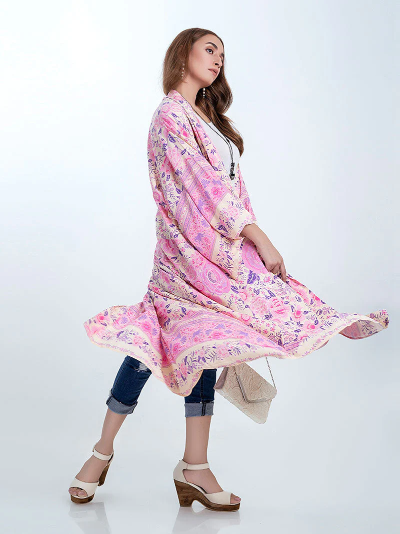 Partywear & Beachwear Floral Print Pink Color Cotton Long Length Gown Kimono Duster Robe - Image 4