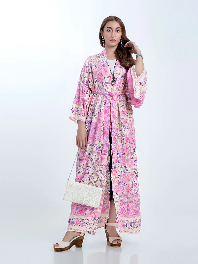 Partywear & Beachwear Floral Print Pink Color Cotton Long Length Gown Kimono Duster Robe - Image 5