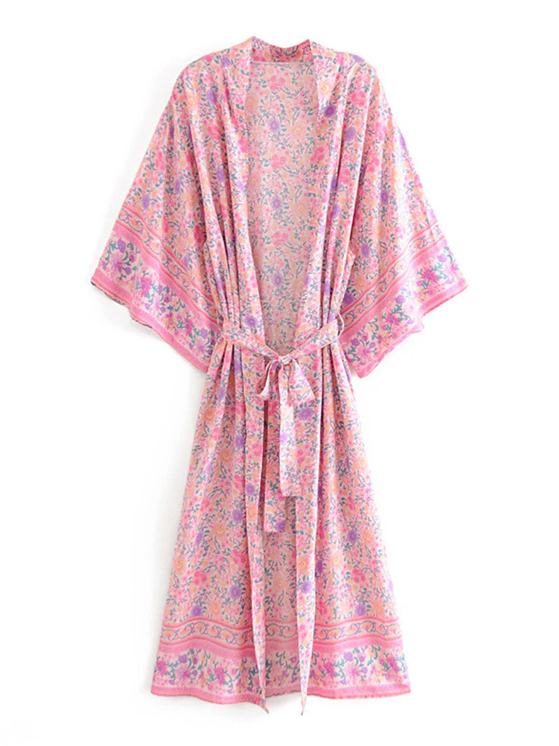 Partywear & Beachwear Floral Print Pink Color Cotton Long Length Gown Kimono Duster Robe - Image 6