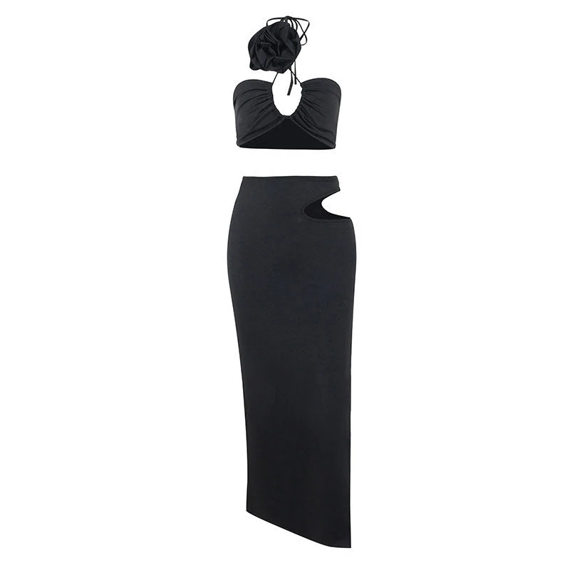 Rosette Floral Appliqué Halter Crop Top Cutout Split Midi Skirt Matching Set - Black - Image 3