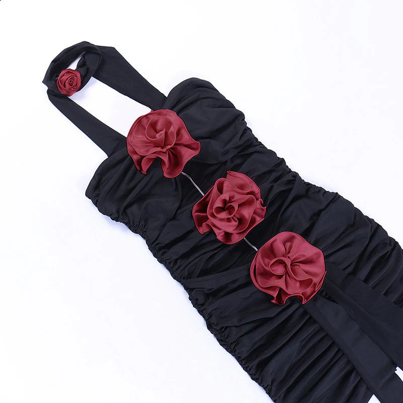 Rosette Floral Appliqué Ruched Choker Neck Cut Out Strapless Party Mini Dress - Apricot - Image 3