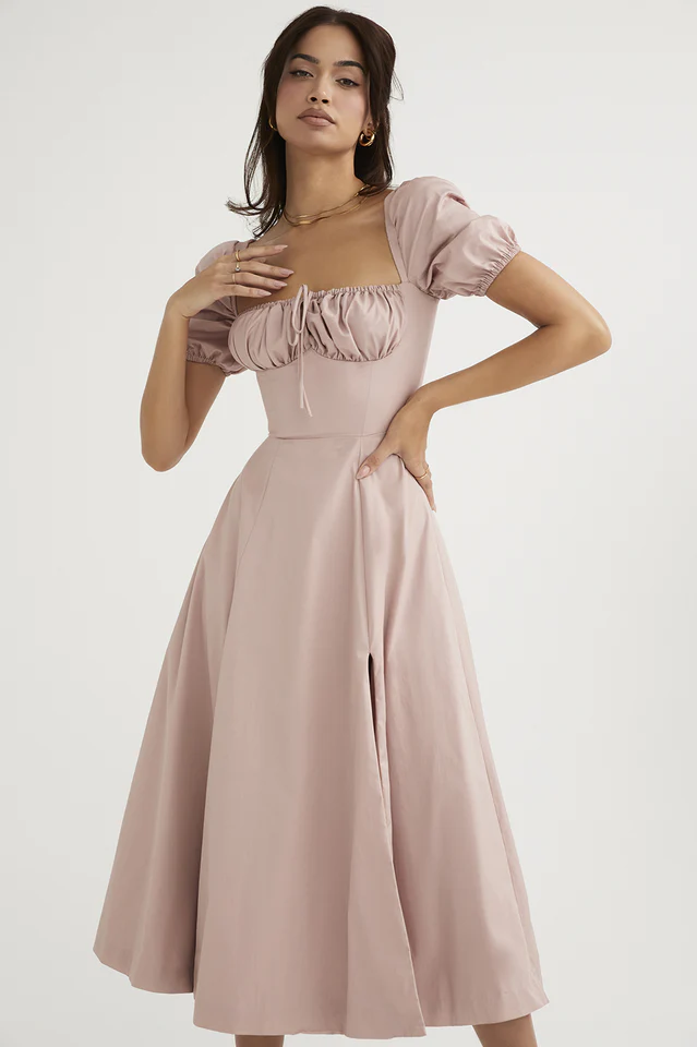 Rouge Pink Puff Sleeve Midi Dress