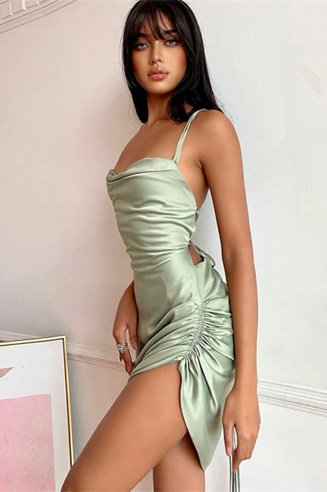 Ruched Backless Satin Mini Dress - Image 2