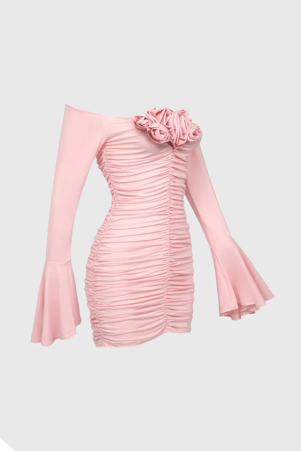 Ruched Dress with Flowers Attached - Pink - Image 4