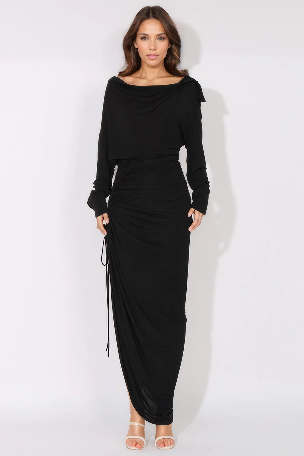 Ruched Long Sleeve Dress - Black - Image 2