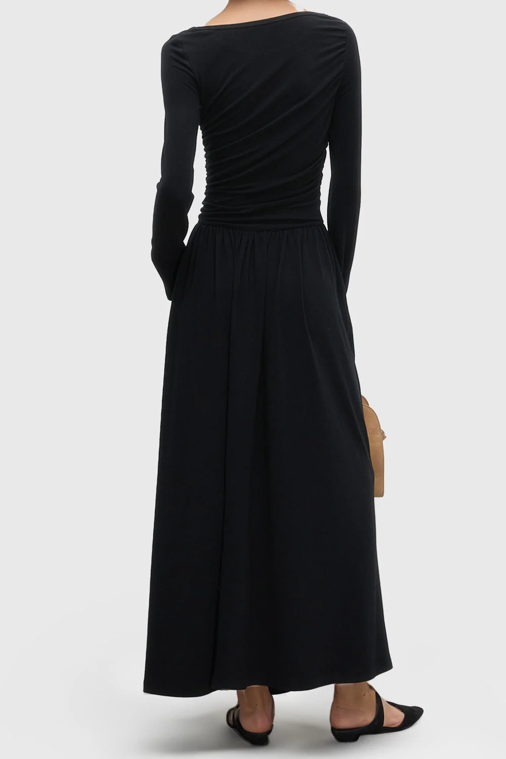 Ruched Midi Dress with Boat Neckline - Black - Image 2