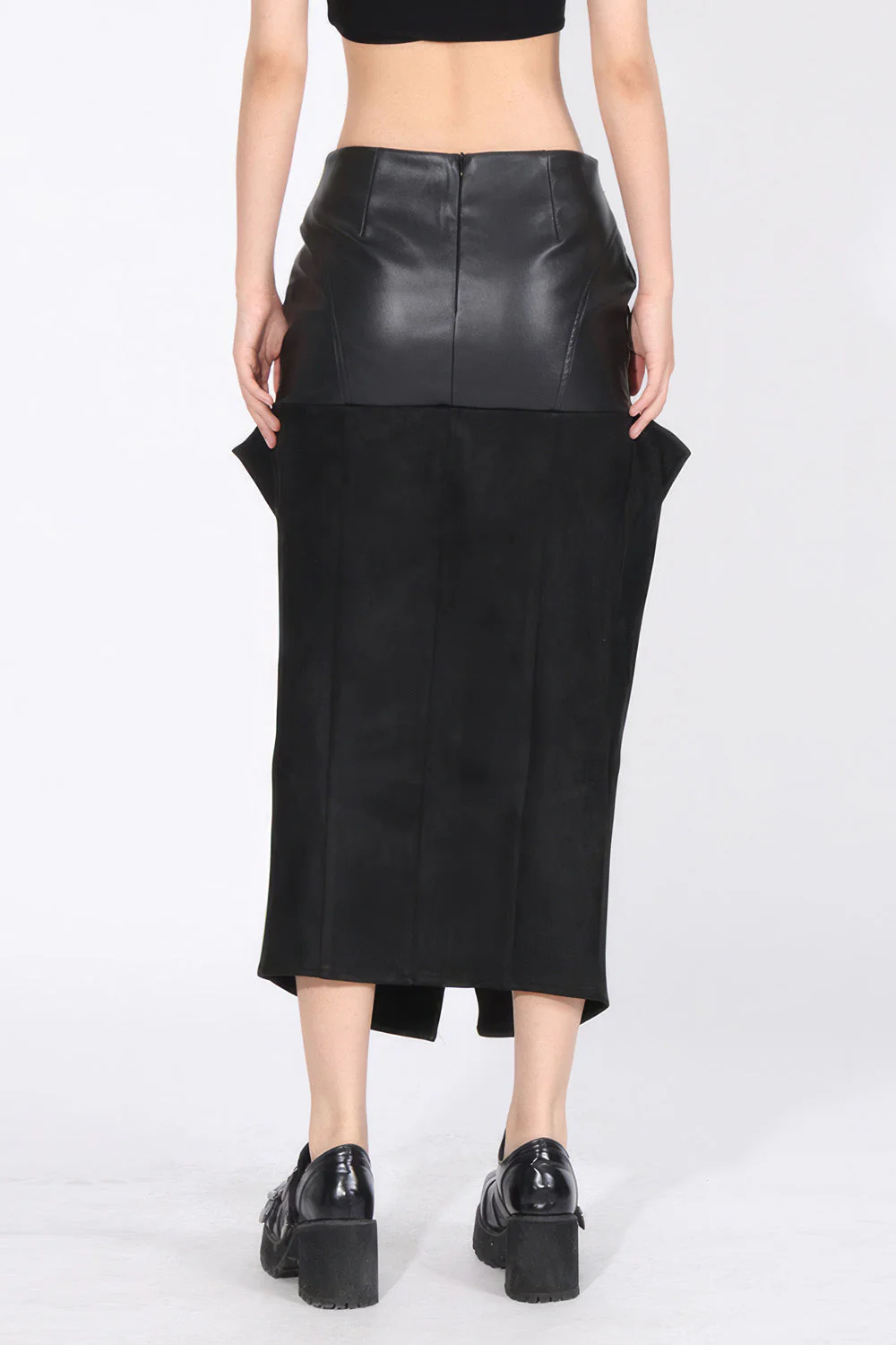 Ruched Midi Skirt with Leather Detail - Black - Image 2