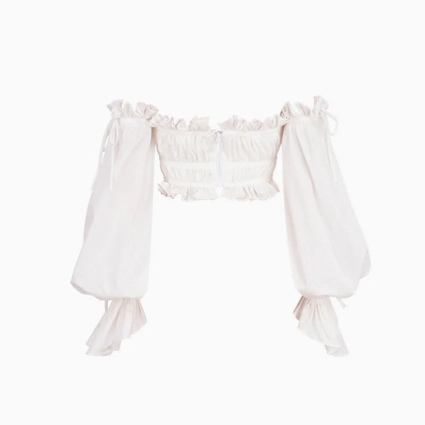 Adorable Ruffle Long Sleeve Ruched Off Shoulder Crop Top - White - Image 4