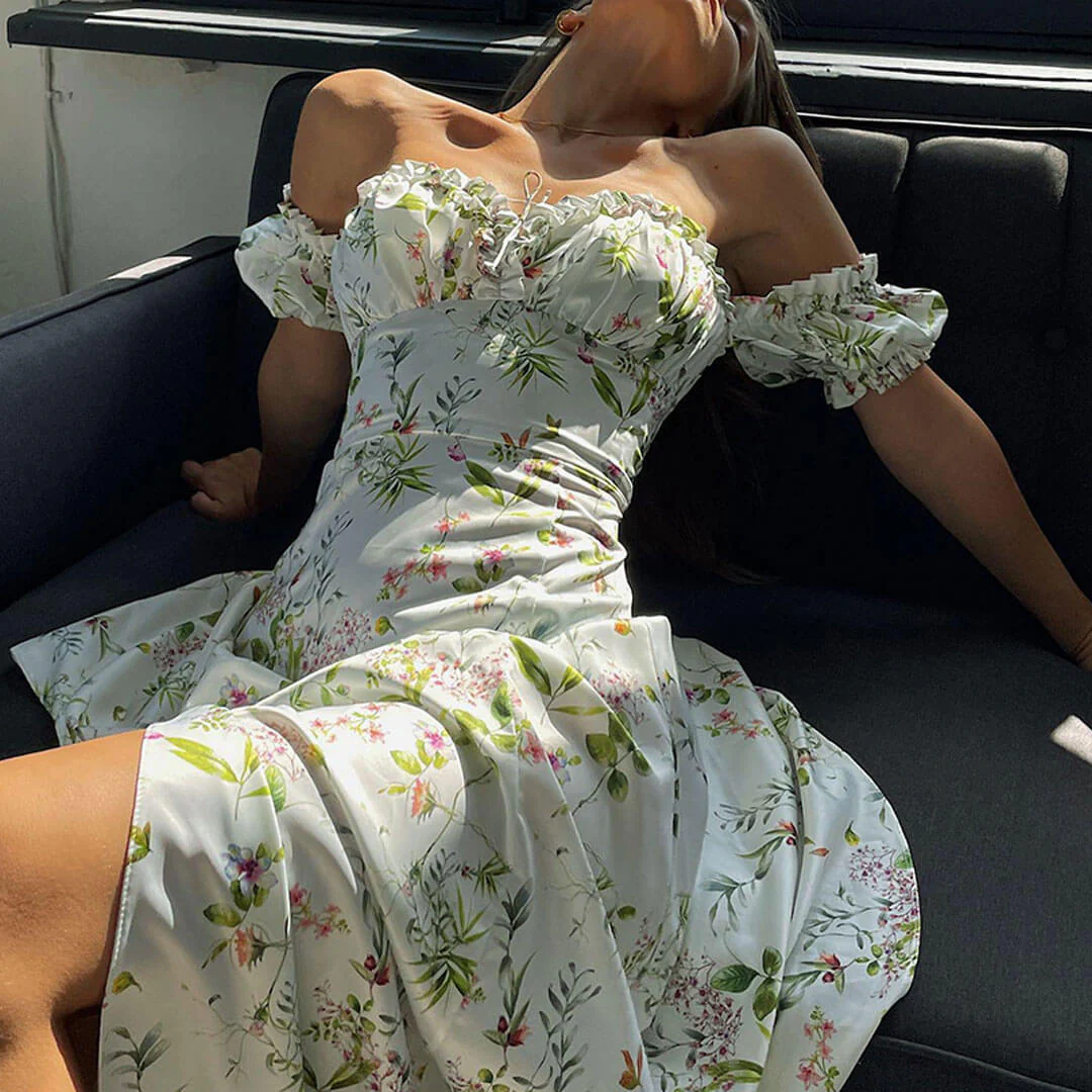 Ruffle Off The Shoulder High Slit Floral Midi Sundress - White - Image 2