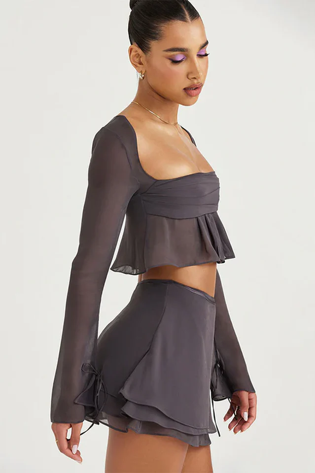 Ruffle Trim Crop Chiffon Matching Set - Image 3