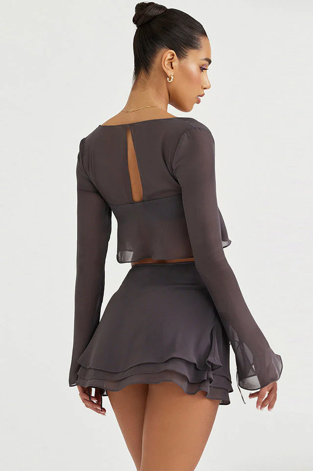 Ruffle Trim Crop Chiffon Matching Set - Image 4