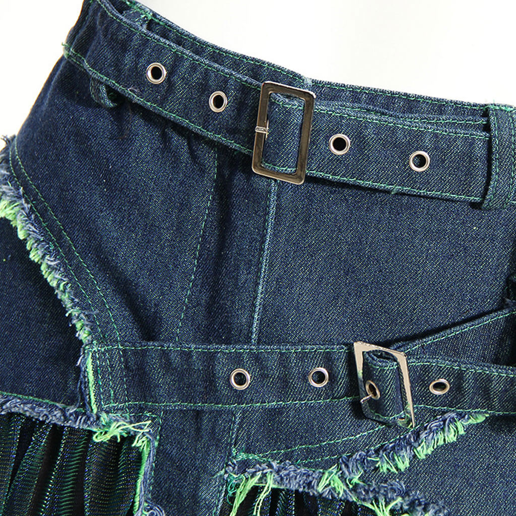 Sassy Belted Frayed Denim Panel Holographic Tiered Tulle Midi Skirt - Image 3