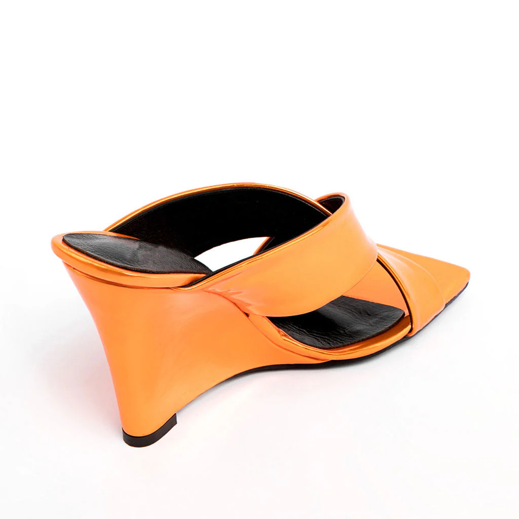 Sassy Cross Strap Patent Leather Square Toe Wedge Mules - Orange - Image 2