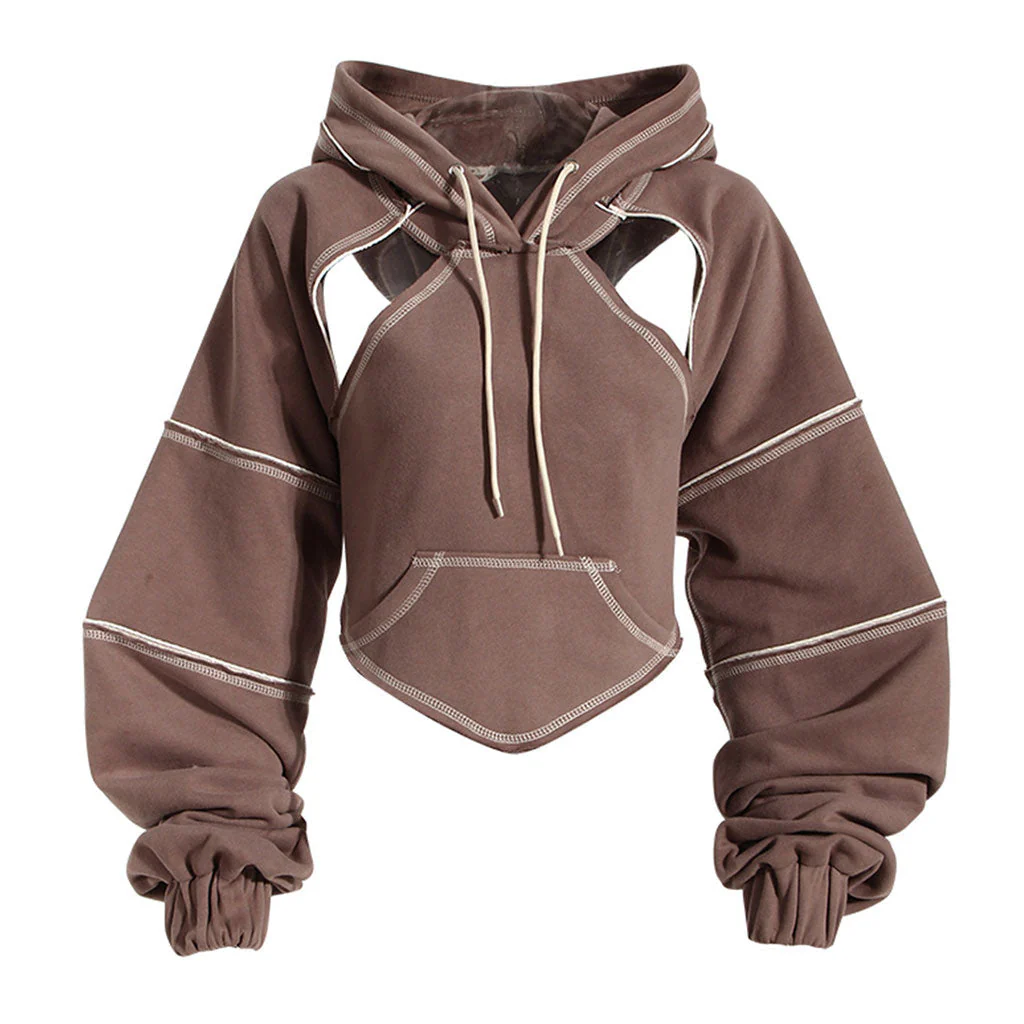 Sassy CutOut Tie Back Contrast Stitch Drawstring Hooded Crop Sweatshirt - Image 2