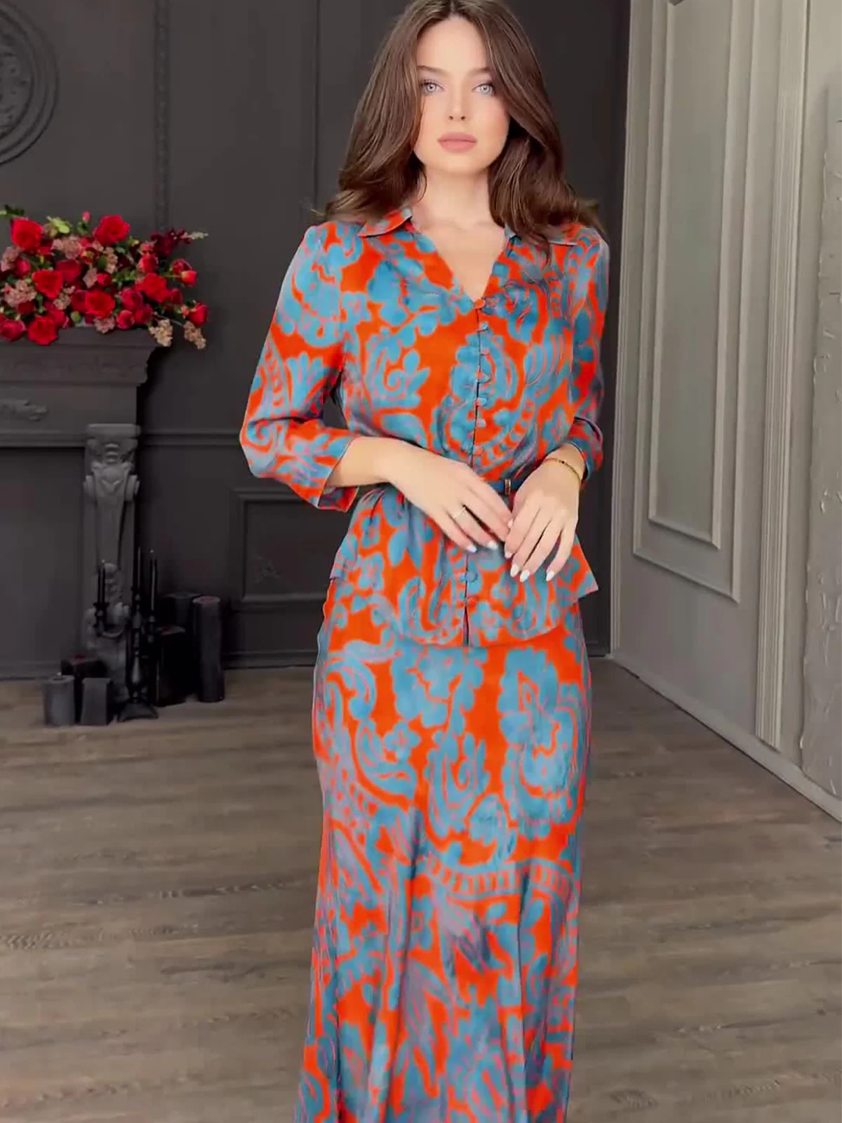 Satin Print Lapel Skirt Set(with belt) - Image 3