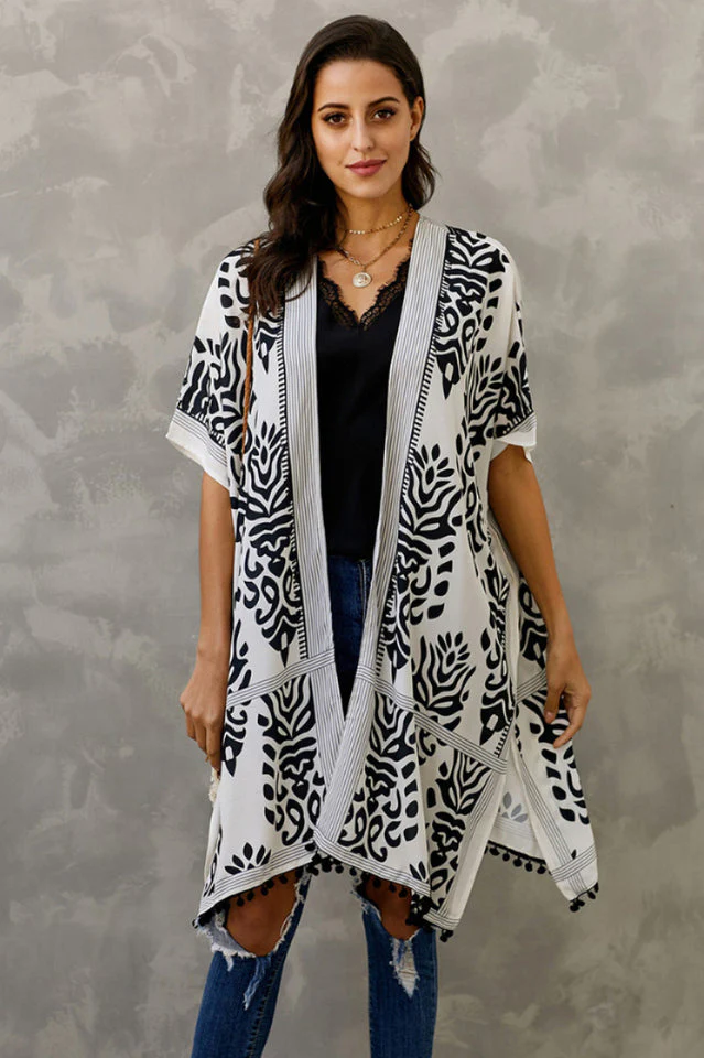 Seaside Resort Cardigan Printed Pompom Kimono - Image 15