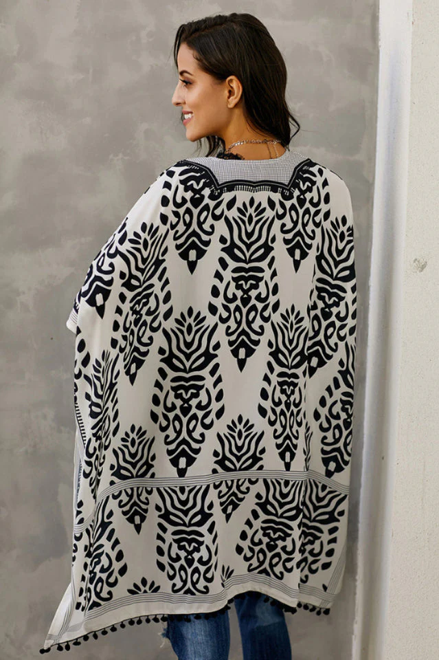 Seaside Resort Cardigan Printed Pompom Kimono - Image 17