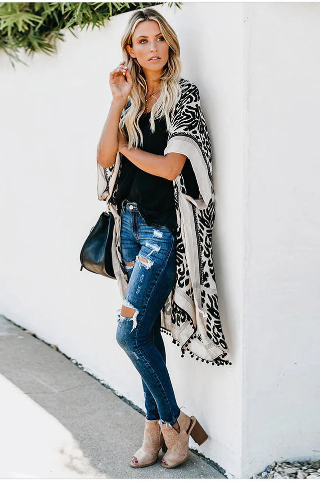 Seaside Resort Cardigan Printed Pompom Kimono - Image 18