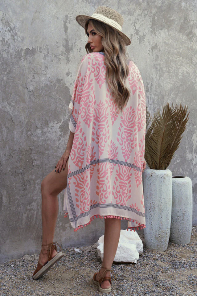Seaside Resort Cardigan Printed Pompom Kimono - Image 5