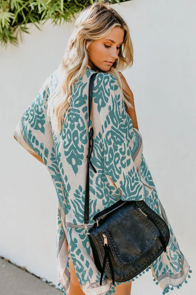 Seaside Resort Cardigan Printed Pompom Kimono - Image 7