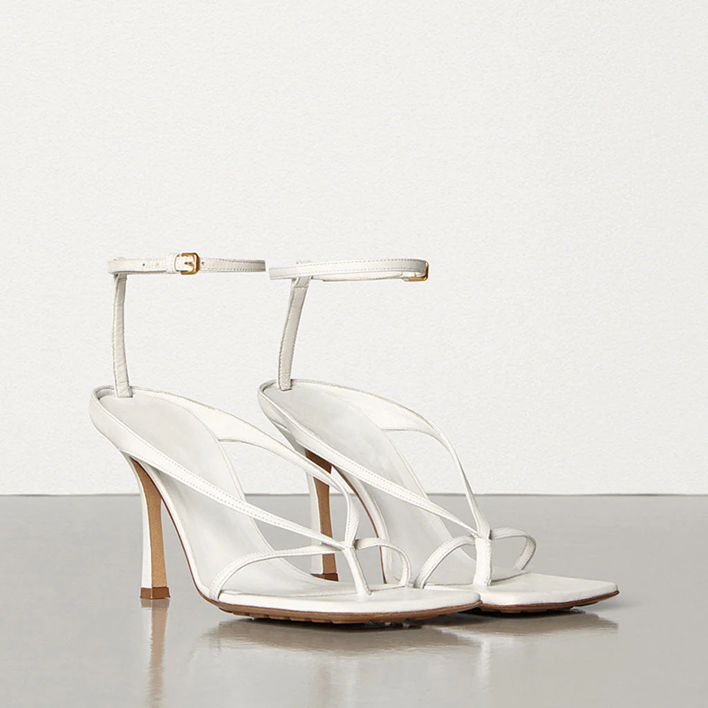 Seductive Thong Strap Faux Leather Square Toe Stiletto Sandals - White - Image 3