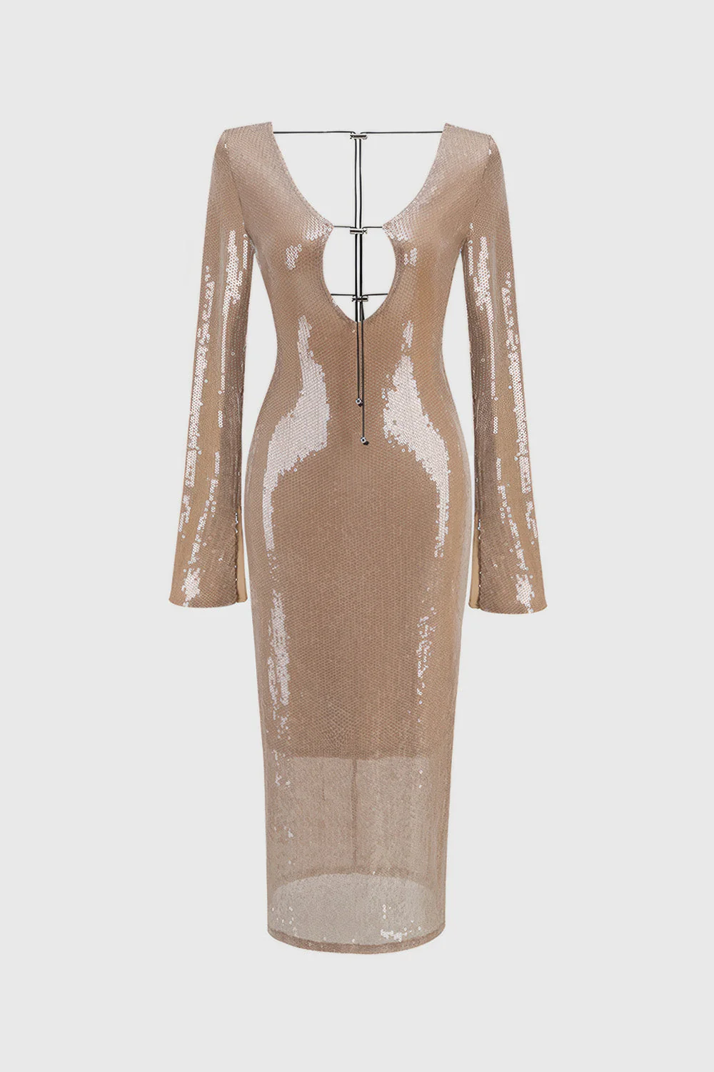 Sequin Dress with V Neckline - Brown - Image 2