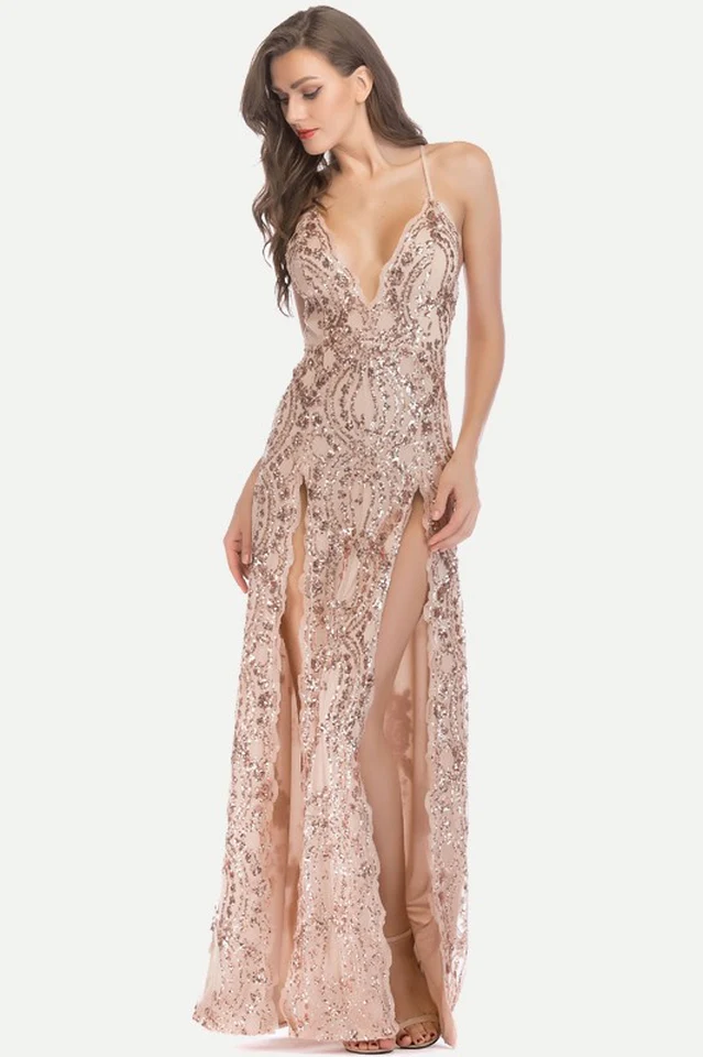 Sequin Slit Glitter Maxi Evening Party Dress