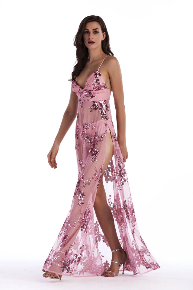 Sequined Sling Backless Split Dress - Image 9