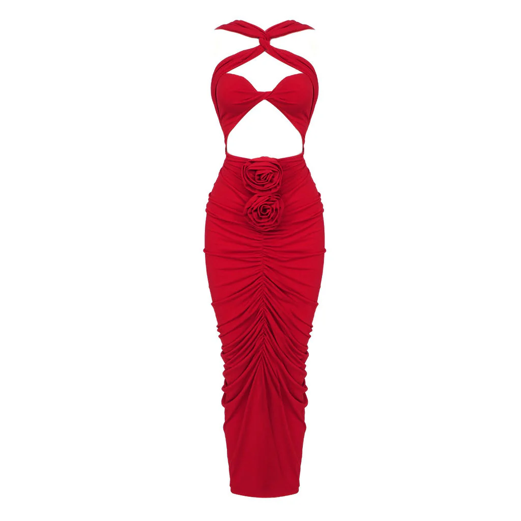 Sexy 3D Rosette Applique Twist Cut Out Cross Neck Bodycon Ruched Midi Dress - Image 2