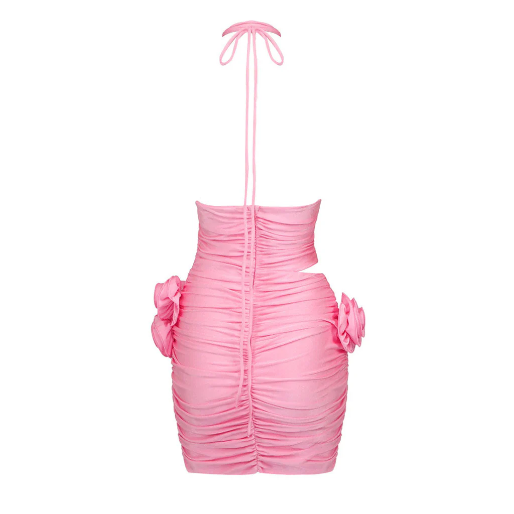 Sexy 3D Rosette Corsage Halter Neck Split CutOut Ruched Bodycon Mini Party Dress - Image 7