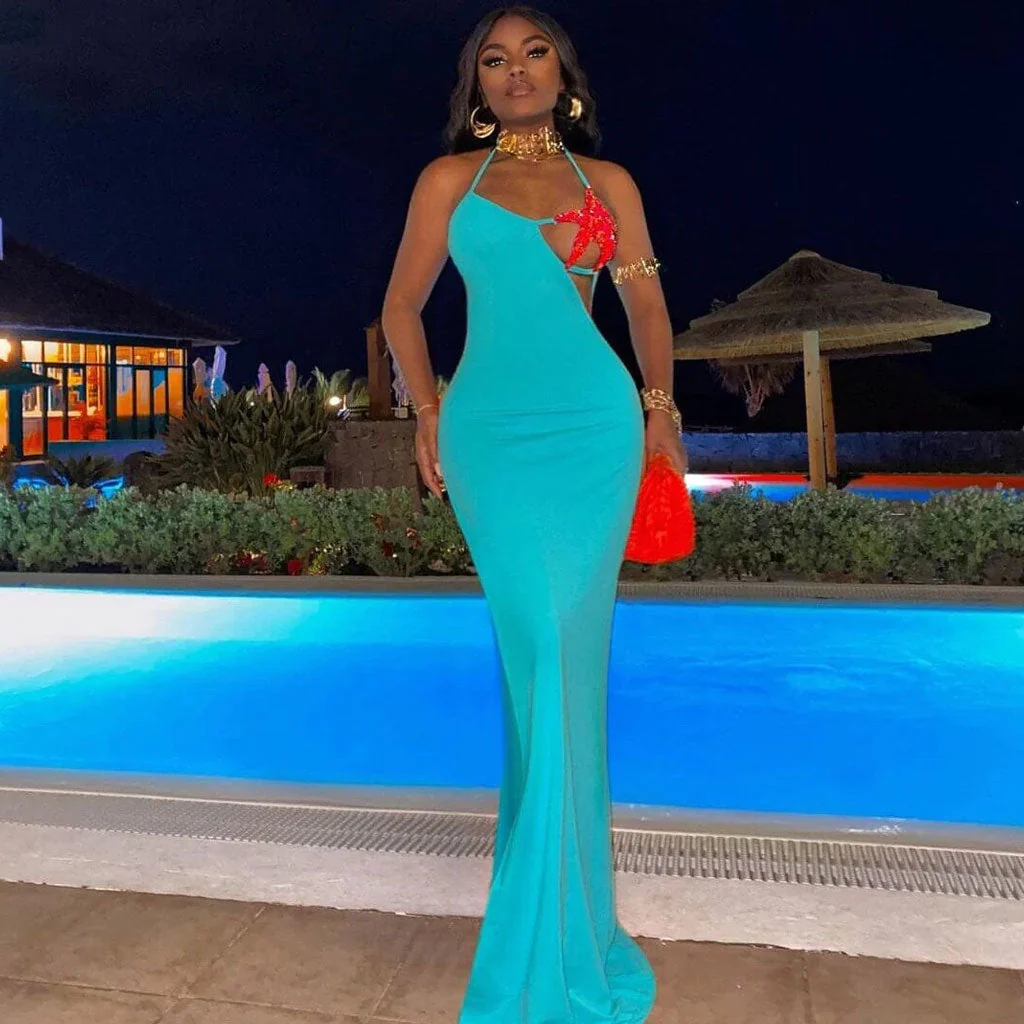 Sexy Bold Starfish Bra Halter Neck High Split Backless Maxi Evening Dress - Image 5