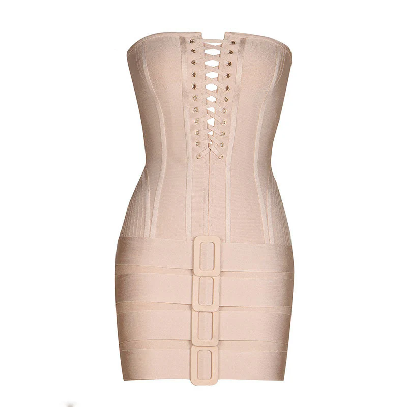 Sexy Buckle Detail Lace Up Strapless Bustier Mini Bandage Dress - Beige - Image 5