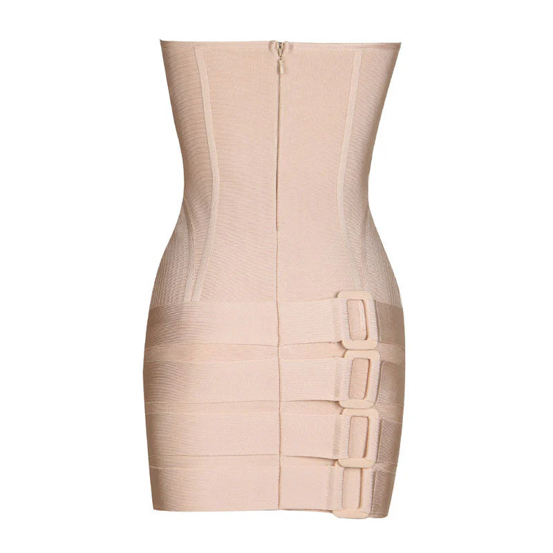 Sexy Buckle Detail Lace Up Strapless Bustier Mini Bandage Dress - Beige - Image 6