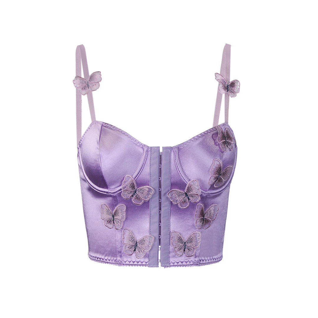 Butterfly Applique Hook and Eye Silky Satin Corset Top - Purple - Image 4