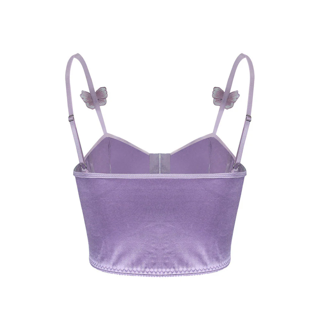 Butterfly Applique Hook and Eye Silky Satin Corset Top - Purple - Image 5